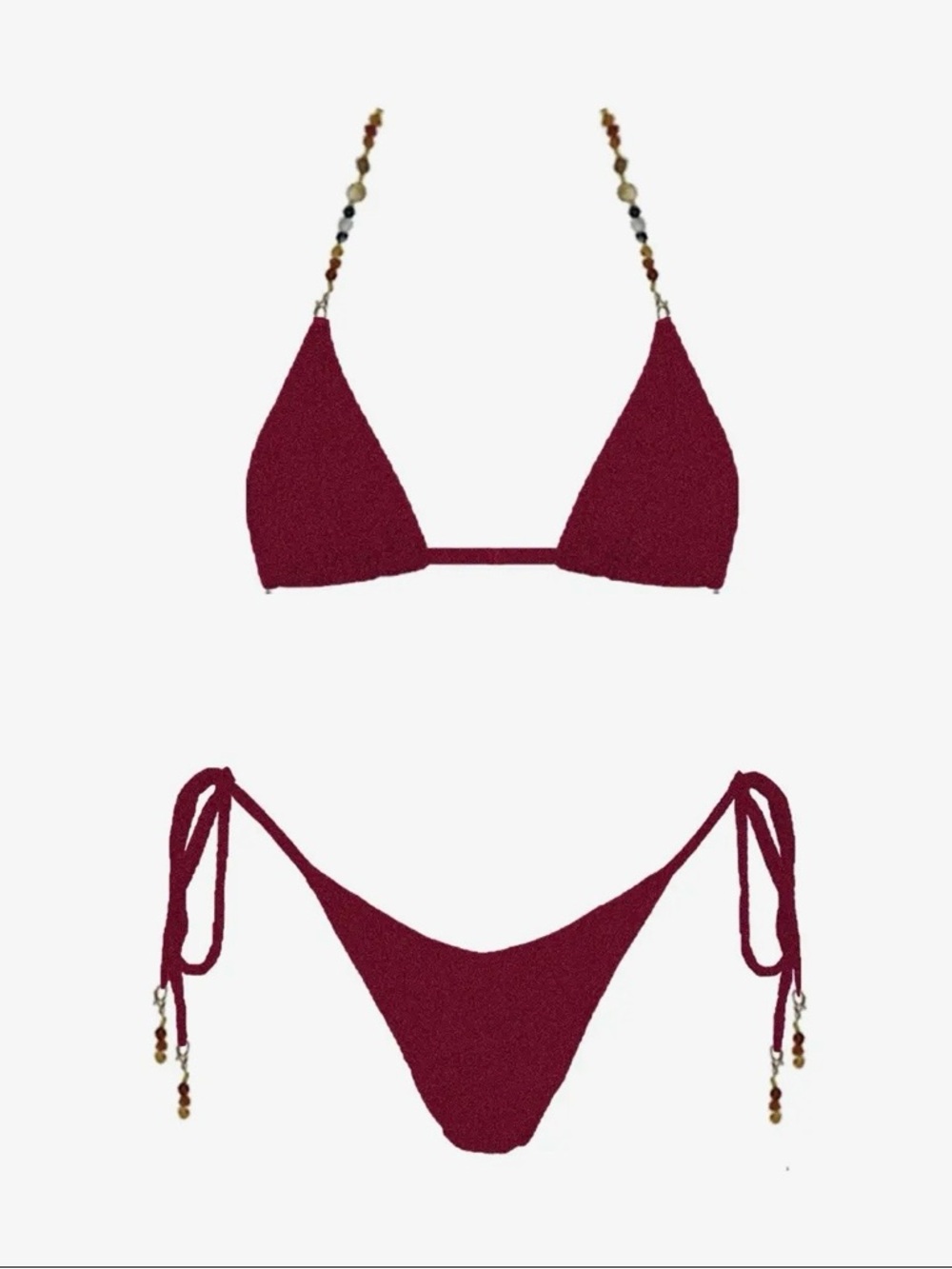 Beaded-Strap Maroon Triangle Bikini Set -